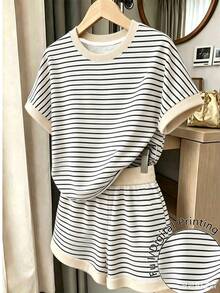Kids Tween Girl Casual Minimalist Cartoon Graphic Short Sleeve T-Shirt And Shorts 2-Piece Set, Suitable For Summer Holiday Vacation Blue And White - Multicolor - View 5