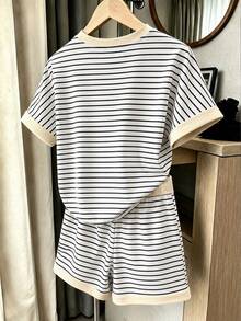 Kids Tween Girl Casual Minimalist Cartoon Graphic Short Sleeve T-Shirt And Shorts 2-Piece Set, Suitable For Summer Holiday Vacation Blue And White - Multicolor - View 2