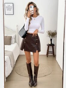 SHEIN LUNE 女款休閒優雅教師節夏季/通勤夜派對日常基礎時尚外套 PU裙褲 出行穿搭 棕色與金色 - 棕色 - 查看 6