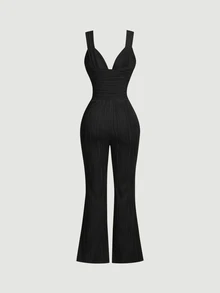 SHEIN MOD 女款純色百褶時尚喇叭袖無袖連身褲，適合度假 - 黑色 - 查看 3