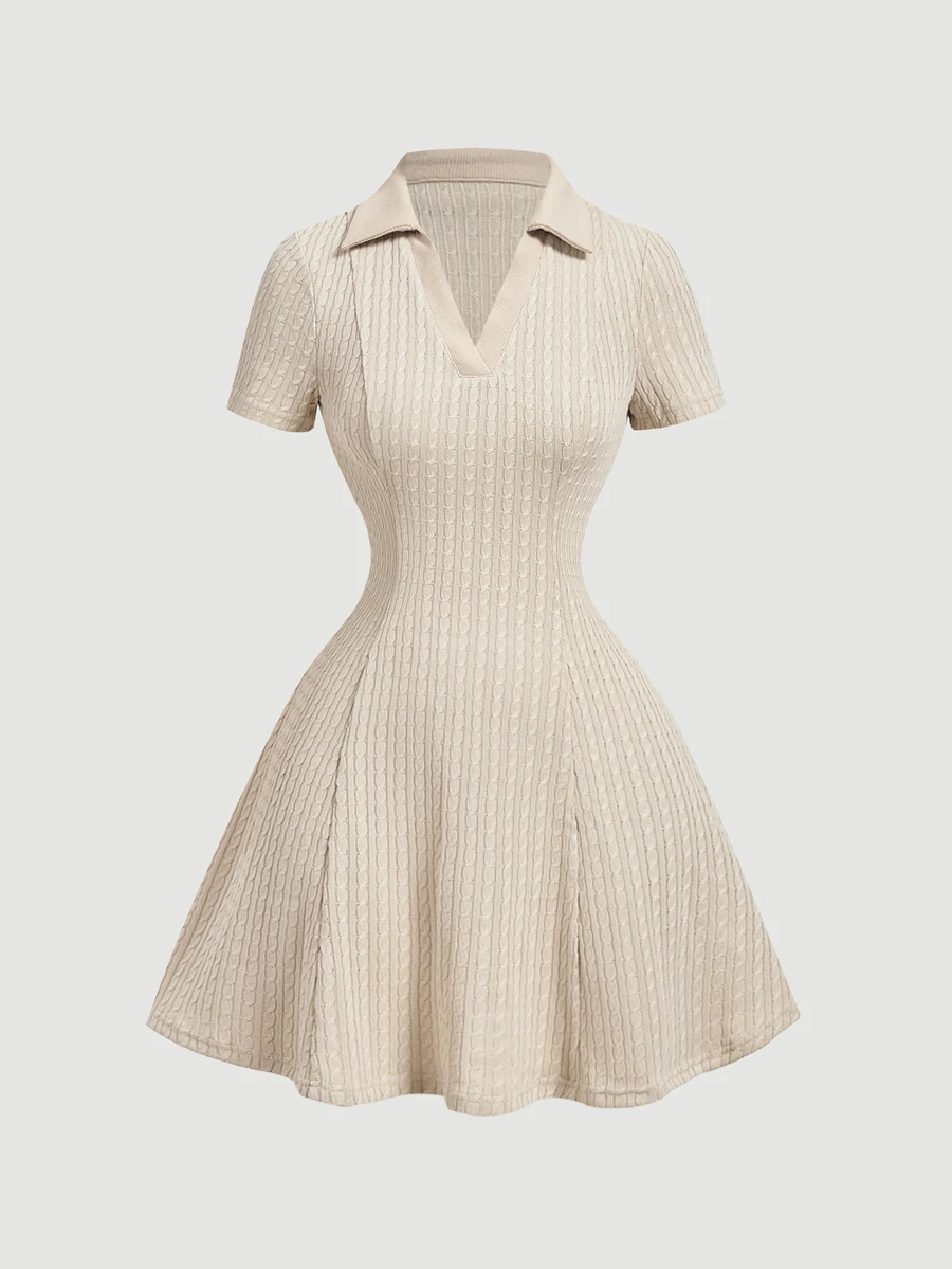 SHEIN MOD 復古法式米色荷葉領針織迷你洋裝-學院風、70年代、休閒舒適、通勤早午餐、日間夏季、萬聖節、校園 - 卡其色 - 查看 1