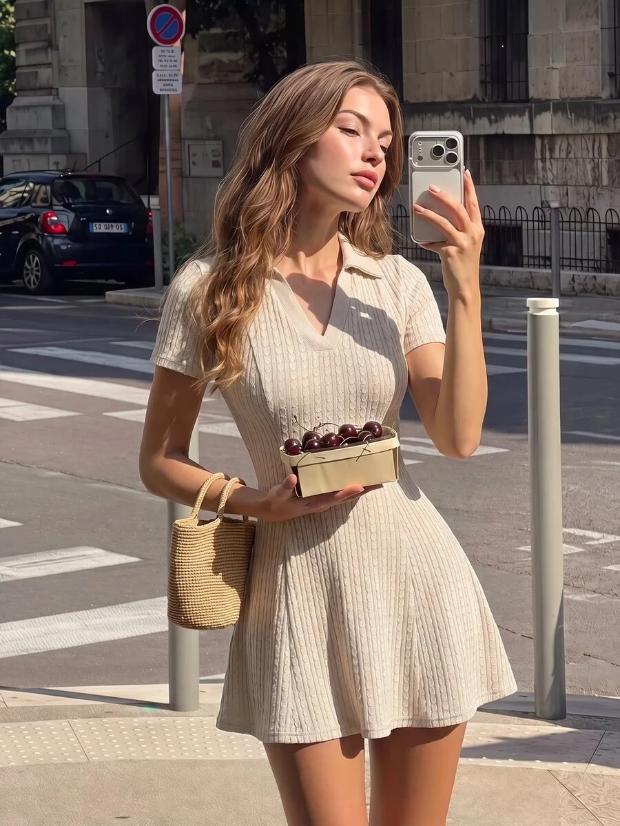 SHEIN MOD Vintage French Beige Ruffle Collar Knitted Mini Dress - Preppy Style, 70s, Casual, Comfortable, Commuting Brunch Day Time Summer.Halloween.School. - Khaki - View 1