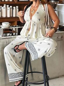 Muchica Casual Women's Plus Size Floral Print Deep V Neck Halter Tank Top And Wide Leg Pants 2pcs Set Beach Beige Summer - Multicolor - View 4