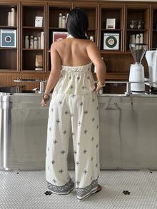 Muchica Casual Women's Plus Size Floral Print Deep V Neck Halter Tank Top And Wide Leg Pants 2pcs Set Beach Beige Summer - Multicolor - View 3