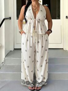 Muchica Casual Women's Plus Size Floral Print Deep V Neck Halter Tank Top And Wide Leg Pants 2pcs Set Beach Beige Summer - Multicolor - View 5
