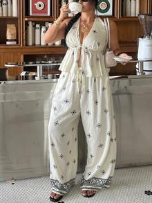 Muchica Casual Women's Plus Size Floral Print Deep V Neck Halter Tank Top And Wide Leg Pants 2pcs Set Beach Beige Summer - Multicolor - View 7