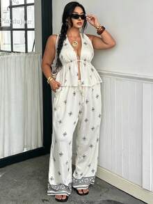 Muchica Casual Women's Plus Size Floral Print Deep V Neck Halter Tank Top And Wide Leg Pants 2pcs Set Beach Beige Summer - Multicolor - View 6