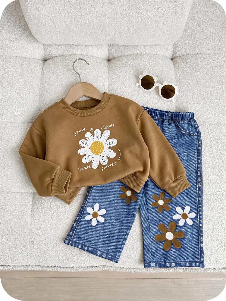 SHEIN Babygirl Cute Autumn/Winter Casual Floral Pattern Sweatshirt & Pants Set - Brown - View 3
