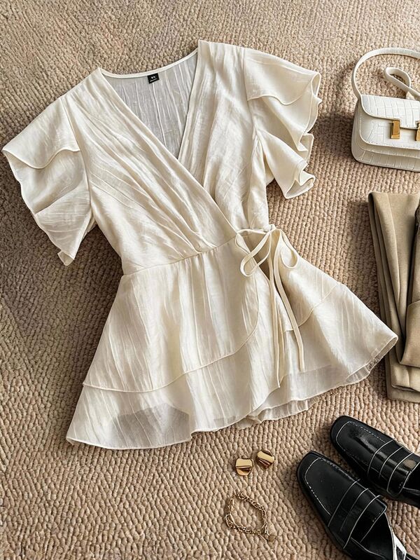 Grovea Plus Size Women's Solid Color Sheer Crinkled Layered V-Neck Ruched Waist Hem Ruffle Tie Bow Wrap Puff Short Sleeve Beige Blouse Elegant Birthday Shirt