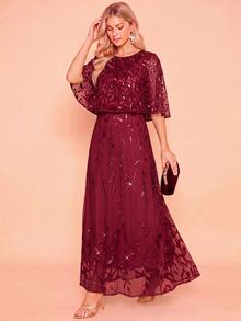 Amorya Women's Elegant Sequin Cape Dress For Evening Party - Burgundy - View 7