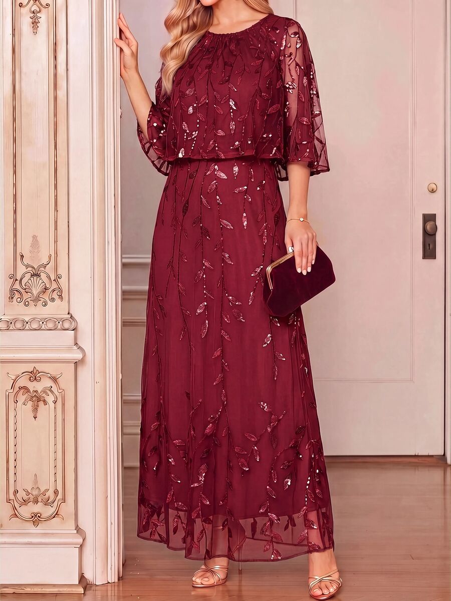 Amorya Women's Elegant Sequin Cape Dress For Evening Party - Burgundy - View 1