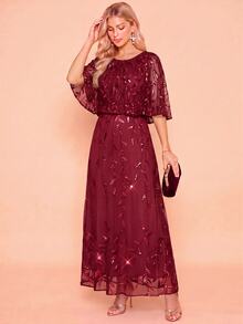 Amorya Women's Elegant Sequin Cape Dress For Evening Party - Burgundy - View 9