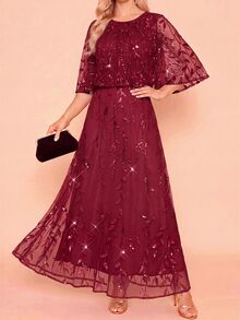 Amorya Women's Elegant Sequin Cape Dress For Evening Party - Burgundy - View 4