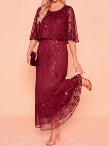 Amorya Women's Elegant Sequin Cape Dress For Evening Party - Burgundy - View 5