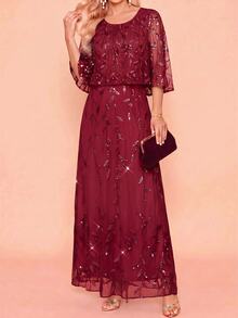 Amorya Women's Elegant Sequin Cape Dress For Evening Party - Burgundy - View 8