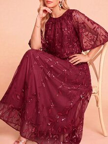 Amorya Women's Elegant Sequin Cape Dress For Evening Party - Burgundy - View 6