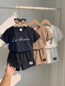 SHEIN 3pcs/Set 4-7Y Boys' Casual Comfortable Graphic Round Neck T-Shirt + Shorts Set - Multicolor - View 3