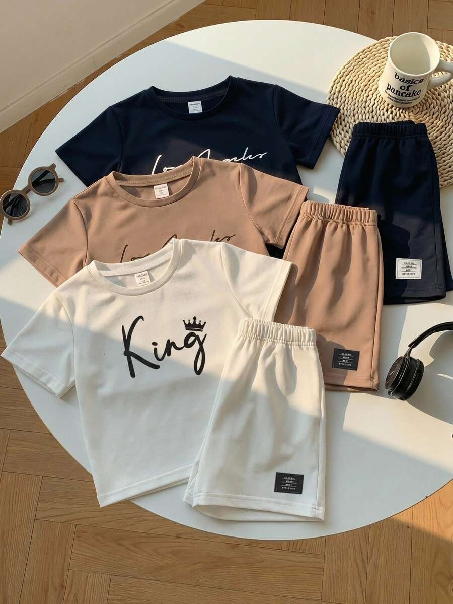SHEIN 3pcs/Set 4-7Y Boys' Casual Comfortable Graphic Round Neck T-Shirt + Shorts Set - Multicolor - View 1