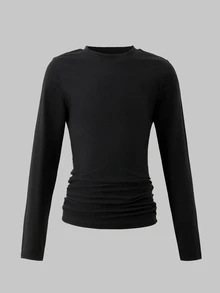 SHEIN Tween Girl) Casual Ruched Waist Round Neck Short Slim Fit Long Sleeve T-Shirt 3-Pack - Multicolor - View 4