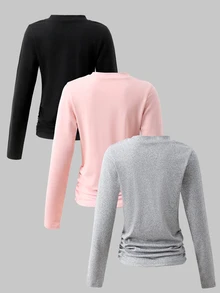 SHEIN Tween Girl) Casual Ruched Waist Round Neck Short Slim Fit Long Sleeve T-Shirt 3-Pack - Multicolor - View 2