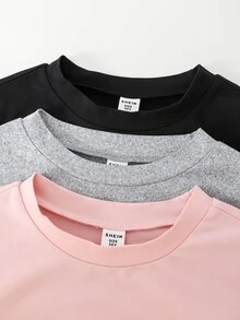 SHEIN Tween Girl) Casual Ruched Waist Round Neck Short Slim Fit Long Sleeve T-Shirt 3-Pack - Multicolor - View 6