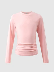 SHEIN Tween Girl) Casual Ruched Waist Round Neck Short Slim Fit Long Sleeve T-Shirt 3-Pack - Multicolor - View 3