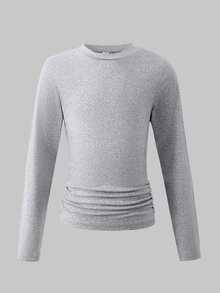 SHEIN Tween Girl) Casual Ruched Waist Round Neck Short Slim Fit Long Sleeve T-Shirt 3-Pack - Multicolor - View 5