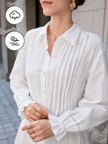 Rue Lumi 白色荷叶边袖撞色蕾丝褶裥宽松衬衫裙 - 白色 - 查看 10