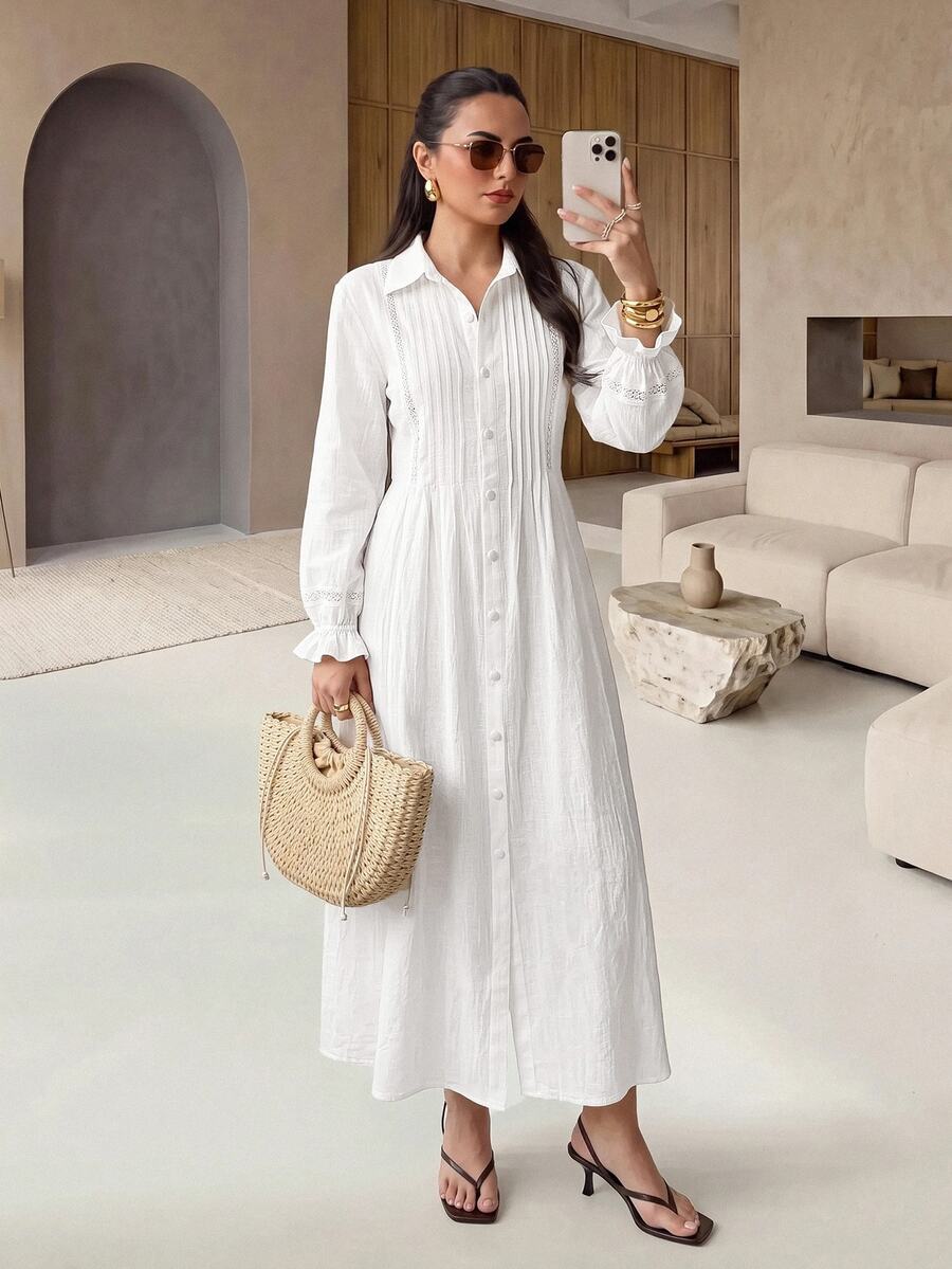 Rue Lumi 白色荷叶边袖撞色蕾丝褶裥宽松衬衫裙