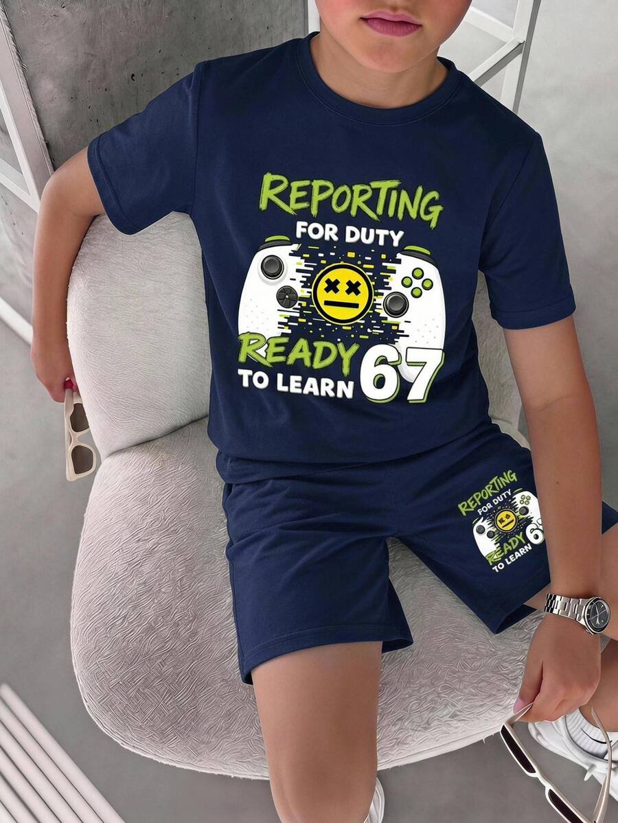 兒童青少年男孩休閒簡約圓領短袖T恤與短褲兩件套,適合夏季,卡通圖案 - 藏蓝色 - 查看 1