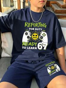 兒童青少年男孩休閒簡約圓領短袖T恤與短褲兩件套，適合夏季，卡通圖案 - 藏蓝色 - 查看 6
