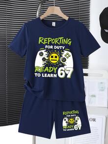 兒童青少年男孩休閒簡約圓領短袖T恤與短褲兩件套，適合夏季，卡通圖案 - 藏蓝色 - 查看 3