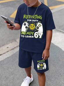 兒童青少年男孩休閒簡約圓領短袖T恤與短褲兩件套，適合夏季，卡通圖案 - 藏蓝色 - 查看 7