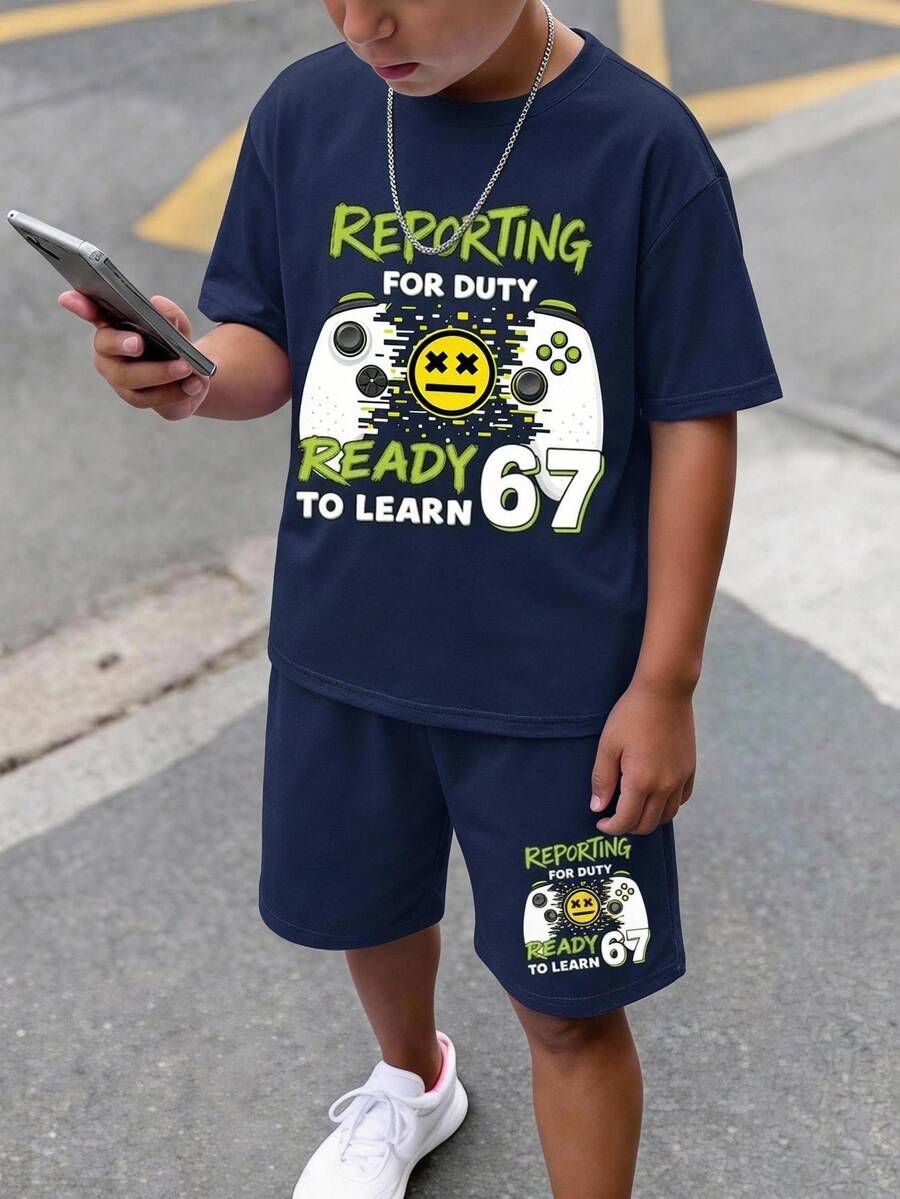 Kids Tween Boys Casual Minimalist Round Neck Short Sleeve T-Shirt And Shorts 2-Piece Set, Suitable For Summer, Cartoon Pattern - Navy Blue - View 1