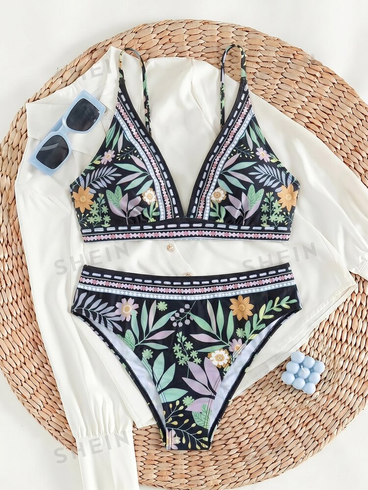 Swim Lushoire Vacation Beach Botanical Print Bikini Set (Positioned Print) - Multicolor - View 5