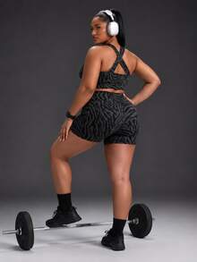 Powerista Women's Plus Size Summer And Spring Zebra Grey And Black Color Print Crisscross Back Sports Bra And Biker Shorts Two Piece Workout Set - Black - View 11