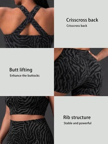 Powerista Women's Plus Size Summer And Spring Zebra Grey And Black Color Print Crisscross Back Sports Bra And Biker Shorts Two Piece Workout Set - Black - View 4