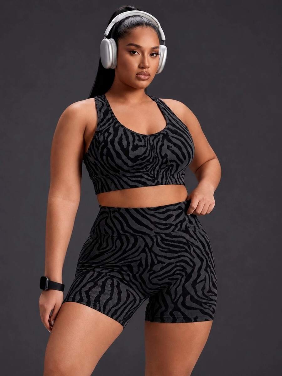 Powerista Women's Plus Size Summer And Spring Zebra Grey And Black Color Print Crisscross Back Sports Bra And Biker Shorts Two Piece Workout Set