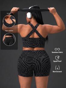 Powerista Women's Plus Size Summer And Spring Zebra Grey And Black Color Print Crisscross Back Sports Bra And Biker Shorts Two Piece Workout Set - Black - View 3