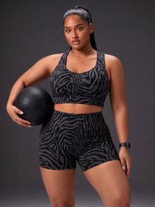 Powerista Women's Plus Size Summer And Spring Zebra Grey And Black Color Print Crisscross Back Sports Bra And Biker Shorts Two Piece Workout Set - Black - View 6