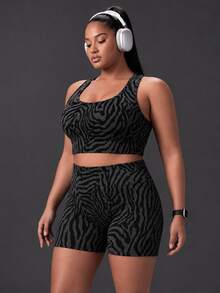 Powerista Women's Plus Size Summer And Spring Zebra Grey And Black Color Print Crisscross Back Sports Bra And Biker Shorts Two Piece Workout Set - Black - View 9