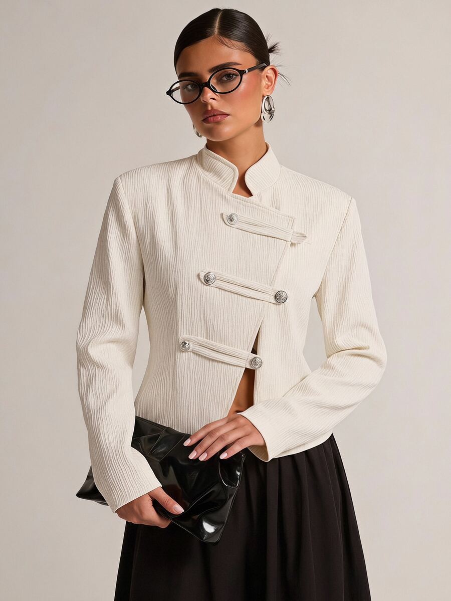 SHEIN BAE Women's Cream Textured Cropped Jacket, Stand Collar Asymmetric Front With Chinese Button Detail, Slim Fit Elegant Outerwear For Spring Fall - Apricot - View 1