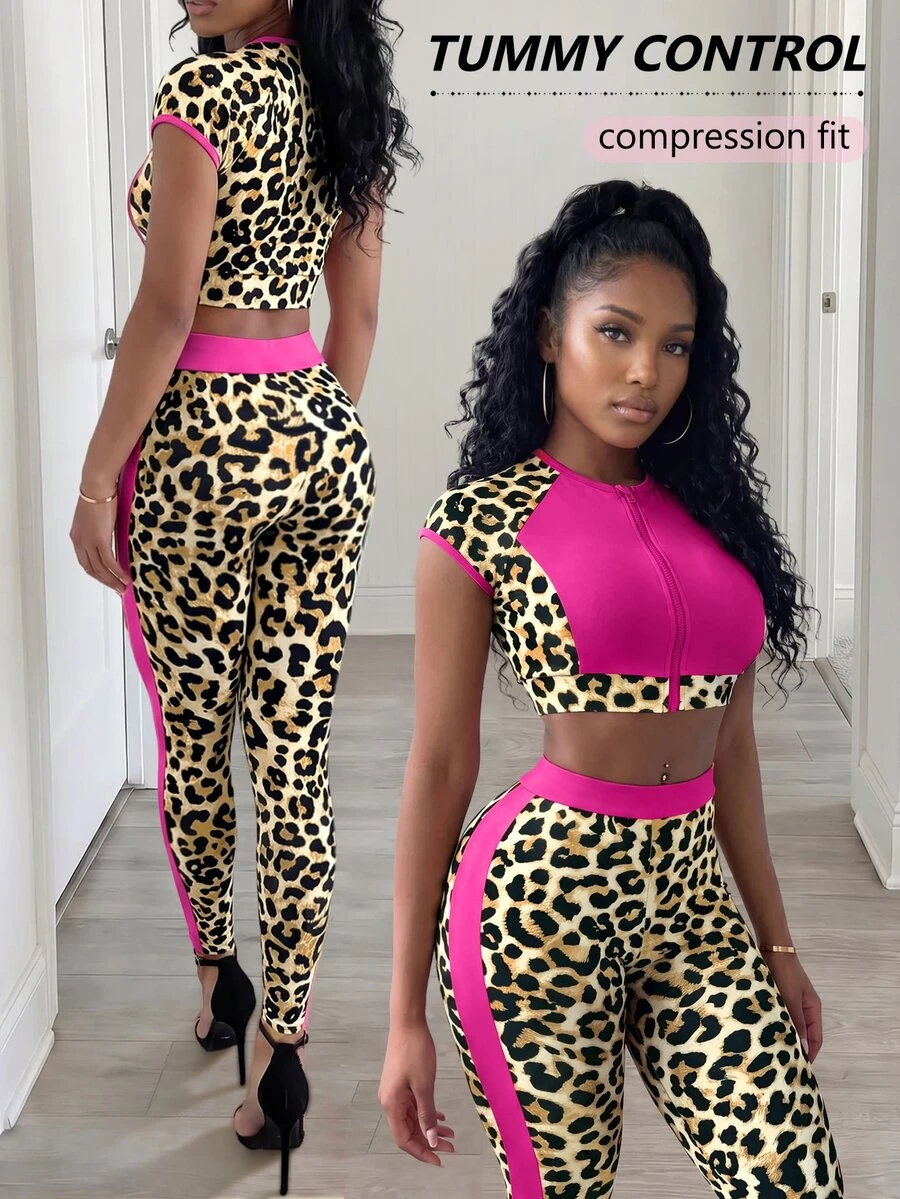 SHEIN BamGlam Leopard Print Patchwork Cropped Top & Leggings Sports Set - Multicolor - View 1