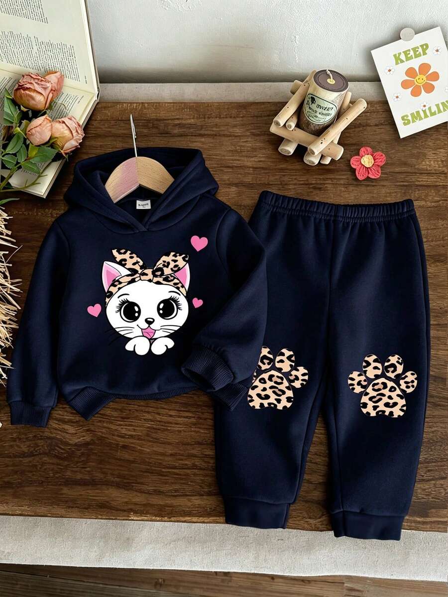 Baby Girl Cartoon Rabbit Leopard Print Knit Soft Hooded Casual Minimalist Loose Long Sleeve Sweatshirt And Pants Set, Suitable For Autumn/Winter - Navy Blue - View 1