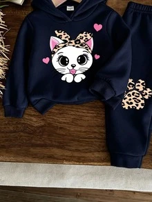 Baby Girl Cartoon Rabbit Leopard Print Knit Soft Hooded Casual Minimalist Loose Long Sleeve Sweatshirt And Pants Set, Suitable For Autumn/Winter - Navy Blue - View 3