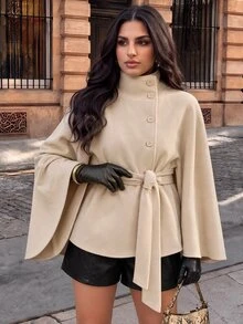 SHEIN BAE CURVE Plus Size Apricot High Neck Belted Cape Wool Coat Fall - Apricot - View 2