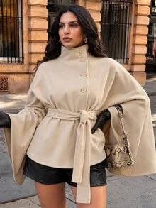 SHEIN BAE CURVE Plus Size Apricot High Neck Belted Cape Wool Coat Fall - Apricot - View 1