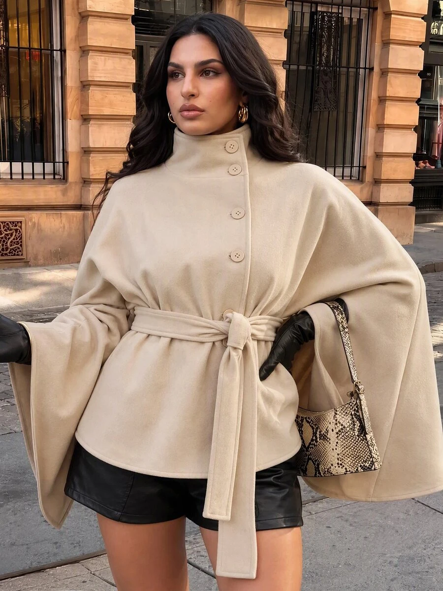 SHEIN BAE CURVE Plus Size Apricot High Neck Belted Cape Wool Coat Fall - Apricot - View 1