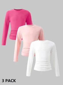 SHEIN Tween Girl) Casual Ruched Waist Round Neck Short Fitted Long Sleeve T-Shirt 3-Color Set - Multicolor - View 1