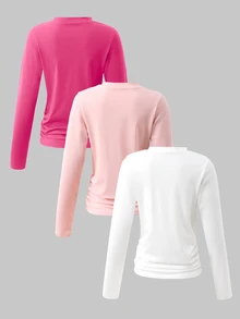 SHEIN Tween Girl) Casual Ruched Waist Round Neck Short Fitted Long Sleeve T-Shirt 3-Color Set - Multicolor - View 2